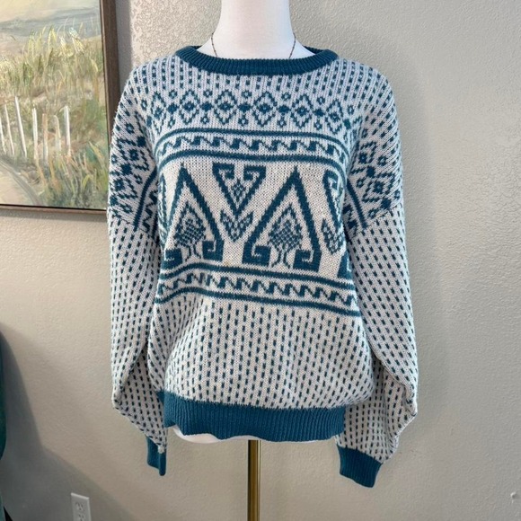 Sweaters - Vintage White Oak Knit Sweater – Geometric Pattern (Made in Korea, M)